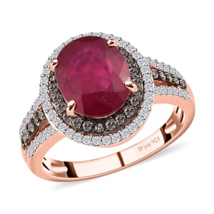 Niassa Ruby Ring, White and Champagne Zircon Ring, Double Halo Ring, Vermeil Rose Gold Over Sterling Silver Ring, Ruby Halo Ring 4.60 ctw