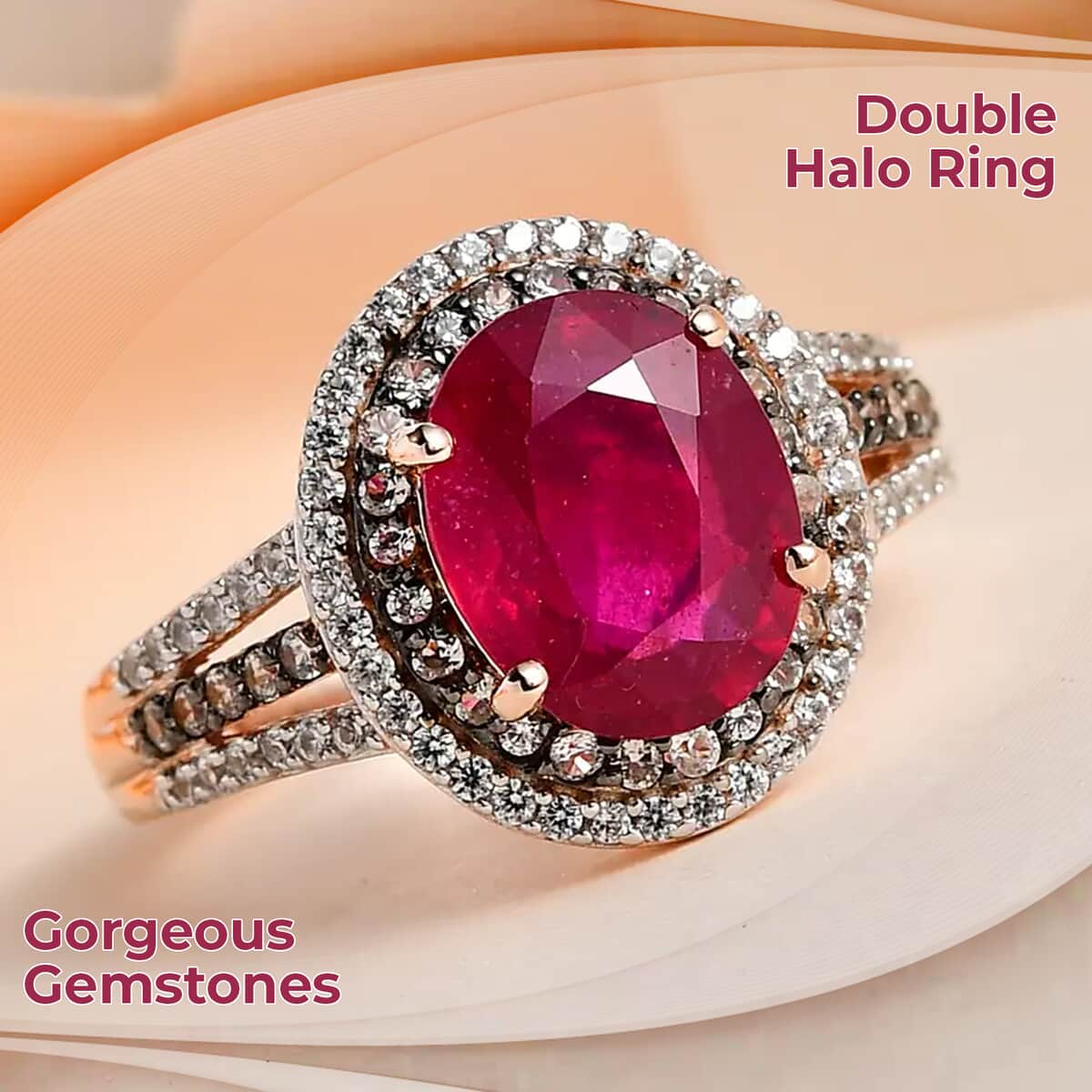 Niassa Ruby Double Halo Ring in Vermeil Yellow Gold Over Sterling Silver, White and Champagne Zircon Accent Ring, Ruby Jewelry, Gift For Her 4.60 ctw image number 1