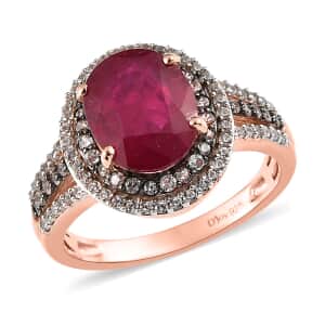 Niassa Ruby Double Halo Ring in Vermeil Yellow Gold Over Sterling Silver, White and Champagne Zircon Accent Ring, Ruby Jewelry, Gift For Her 4.60 ctw