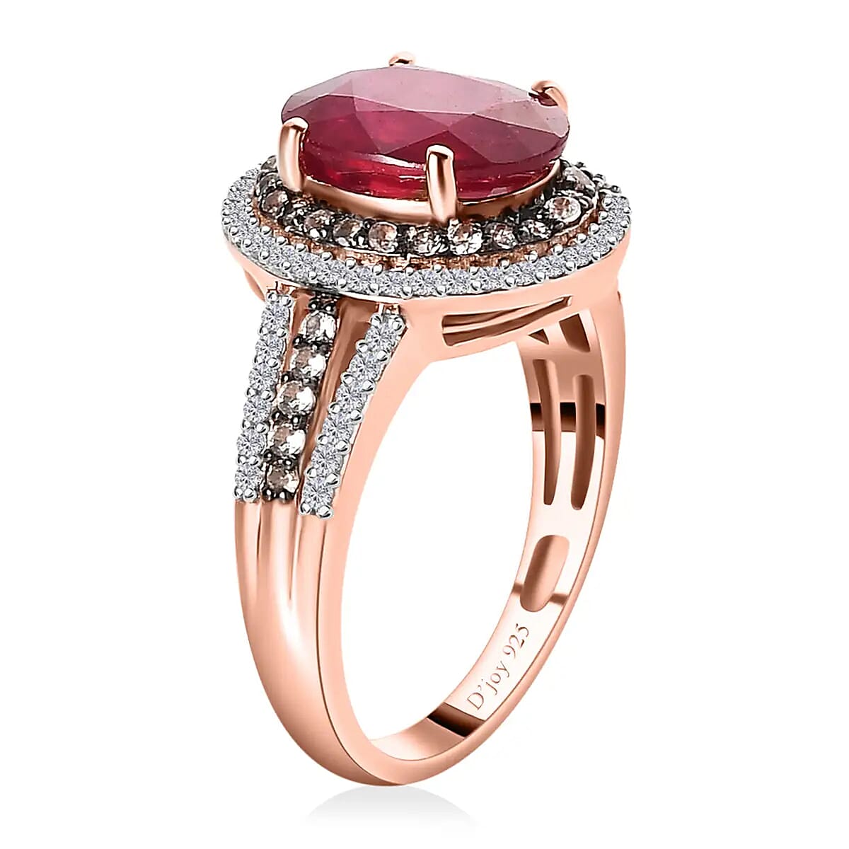 Niassa Ruby Double Halo Ring in Vermeil Yellow Gold Over Sterling Silver, White and Champagne Zircon Accent Ring, Ruby Jewelry, Gift For Her 4.60 ctw image number 4