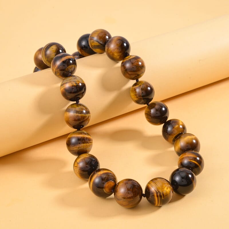 Yellow Tigers Eye Necklace 1250.00 ctw in Rhodium Over Sterling Silver (Size 20.0)