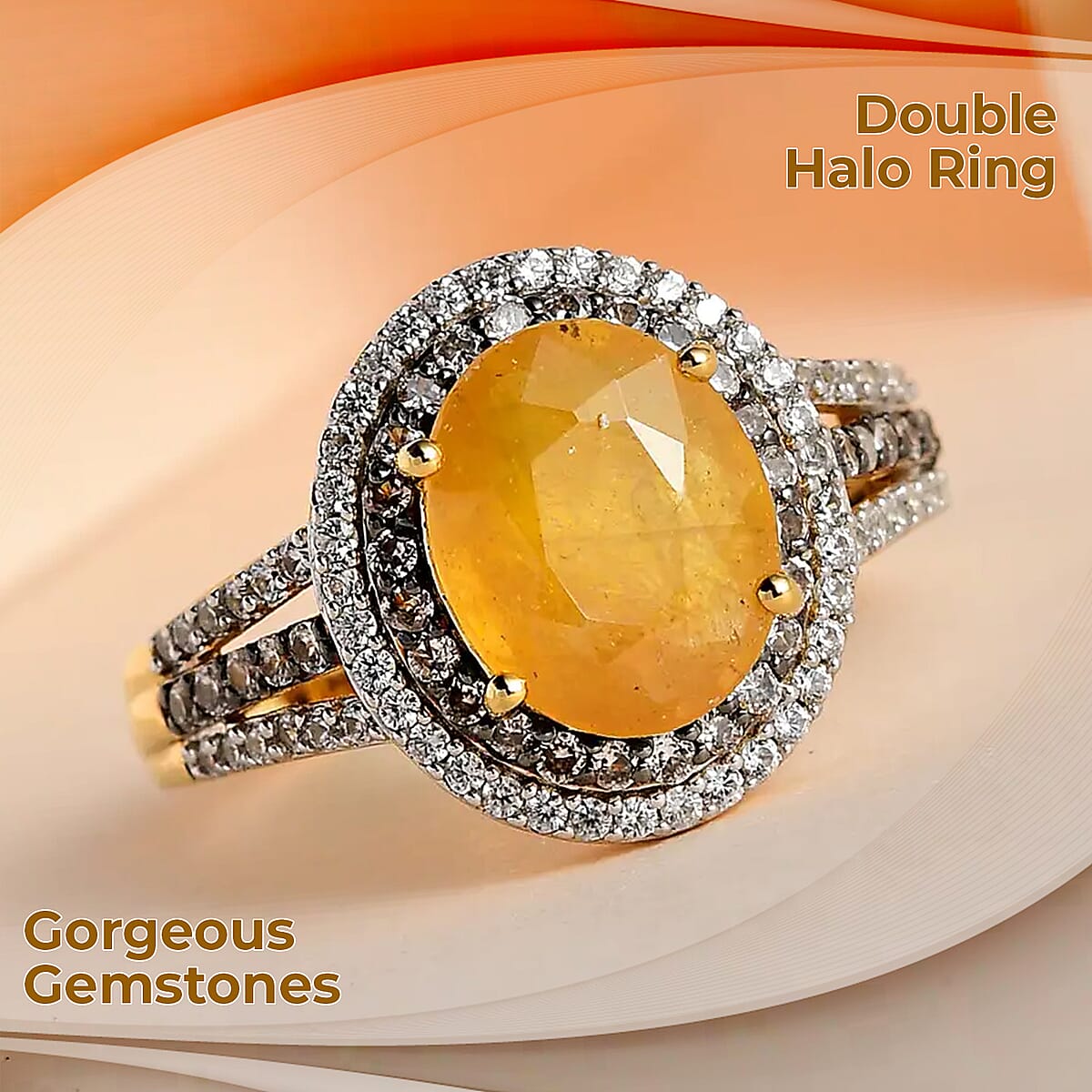 Yellow Sapphire Double Halo Ring in Vermeil Yellow Gold Over Sterling Silver, White and Champagne Zircon Accent Ring, Sapphire Jewelry, Gift For Her 5.00 ctw image number 1