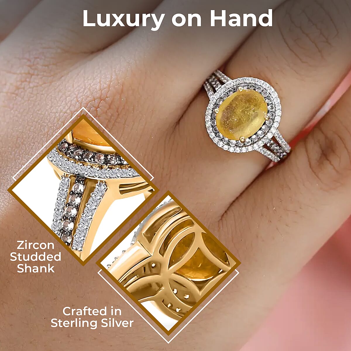 Yellow Sapphire Double Halo Ring in Vermeil Yellow Gold Over Sterling Silver, White and Champagne Zircon Accent Ring, Sapphire Jewelry, Gift For Her 5.00 ctw image number 2