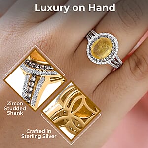 Yellow Sapphire Double Halo Ring in Vermeil Yellow Gold Over Sterling Silver, White and Champagne Zircon Accent Ring, Sapphire Jewelry, Gift For Her 5.00 ctw