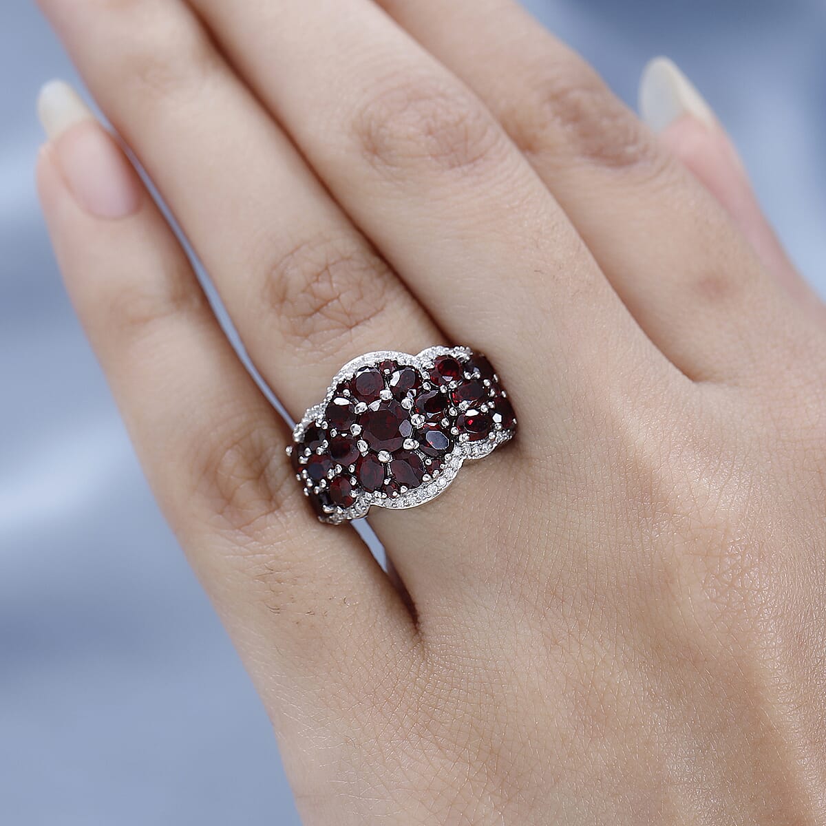 Premium Anthill Garnet and Moissanite Cluster Ring in Platinum Over Sterling Silver (Size 6.0) 4.65 ctw image number 2