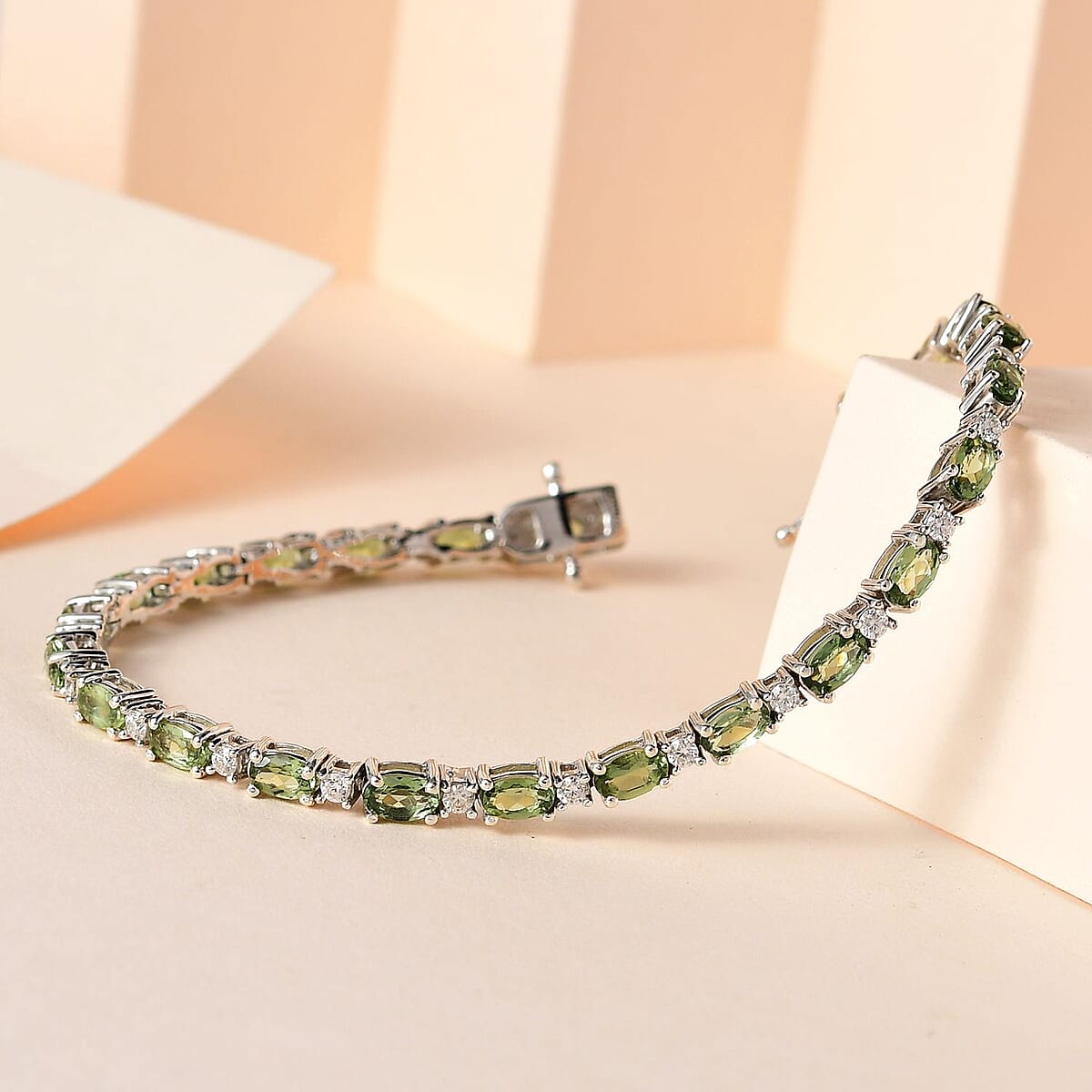Tanzanian Natural Green Apatite and Moissanite Tennis Bracelet in Platinum Over Sterling Silver (6.50 In) 6.85 ctw image number 1