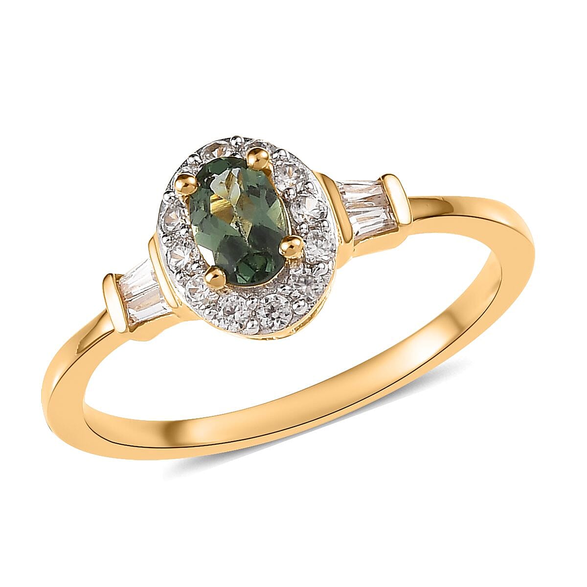 Tanzanian Natural Green Apatite and White Zircon Halo Ring in Vermeil Yellow Gold Over Sterling Silver (Size 5.0) 1.00 ctw