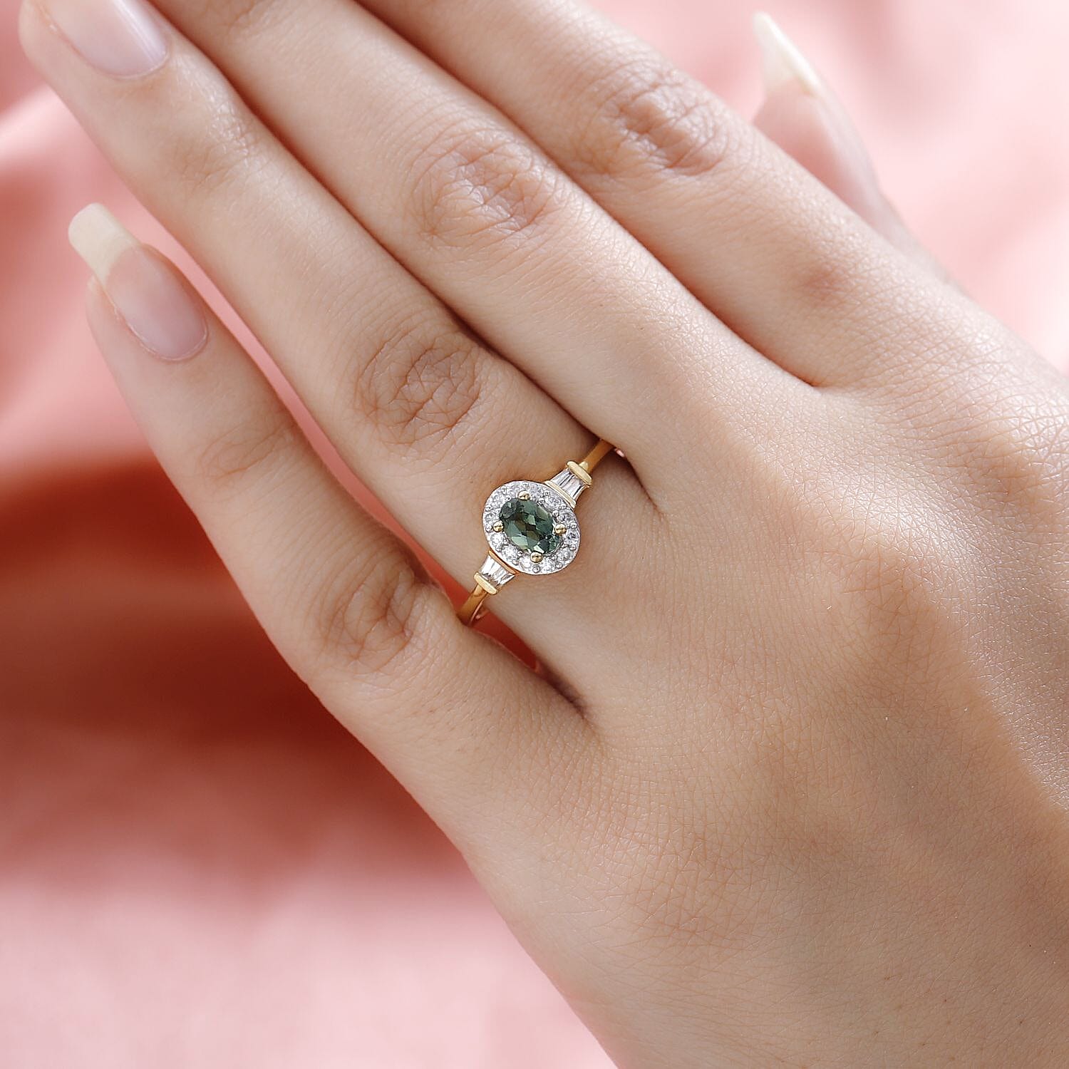 Tanzanian Natural Green Apatite and White Zircon Halo Ring in Vermeil Yellow Gold Over Sterling Silver (Size 5.0) 1.00 ctw