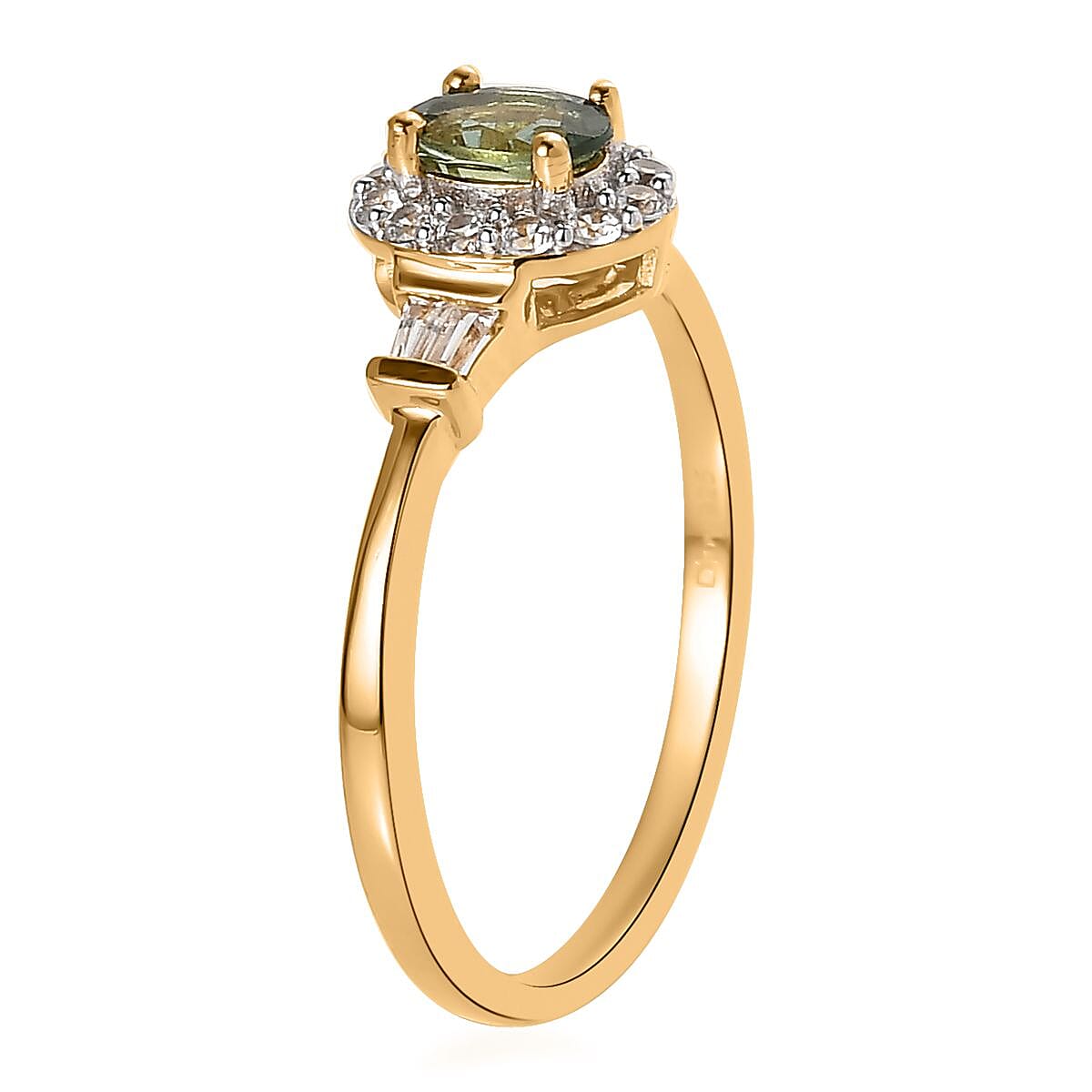 Tanzanian Natural Green Apatite and White Zircon Halo Ring in Vermeil Yellow Gold Over Sterling Silver (Size 5.0) 1.00 ctw
