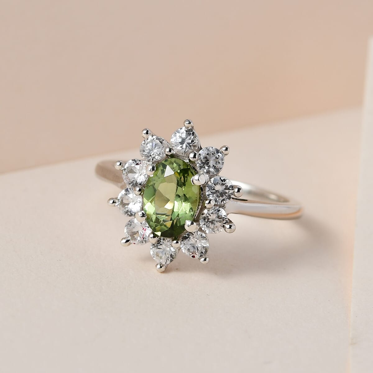 Green Apatite and White Zircon Sunburst Ring in Platinum Over Sterling Silver (Size 10.0) 1.75 ctw image number 1