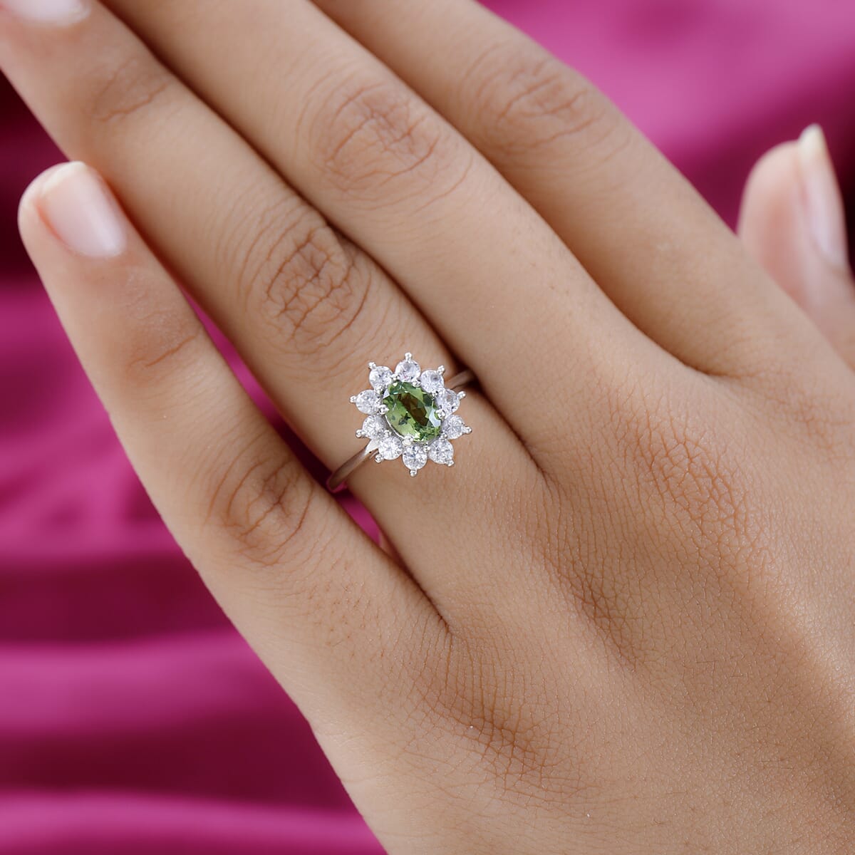 Green Apatite and White Zircon Sunburst Ring in Platinum Over Sterling Silver (Size 10.0) 1.75 ctw image number 2
