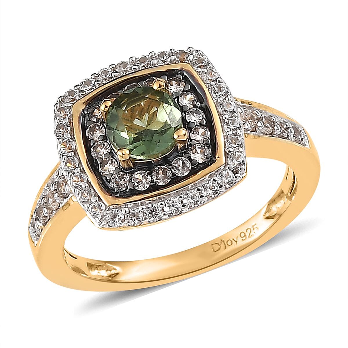 Tanzanian Natural Green Apatite, White and Champagne Zircon Double Halo Ring in Vermeil Yellow Gold Over Sterling Silver (Size 10.0) 1.20 ctw