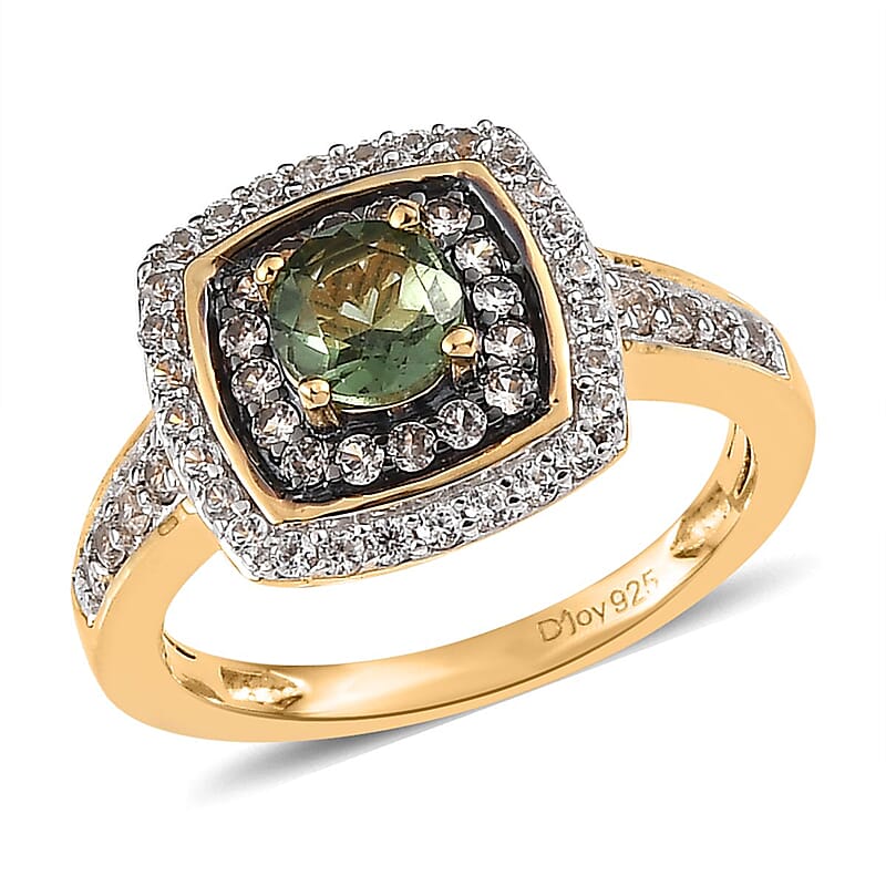 Tanzanian Natural Green Apatite, White and Champagne Zircon Double Halo Ring in Vermeil Yellow Gold Over Sterling Silver (Size 10.0) 1.20 ctw