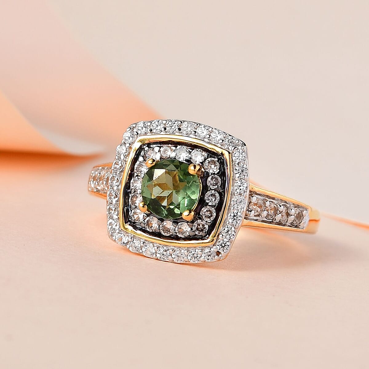 Tanzanian Natural Green Apatite, White and Champagne Zircon Double Halo Ring in Vermeil Yellow Gold Over Sterling Silver 1.20 ctw image number 1
