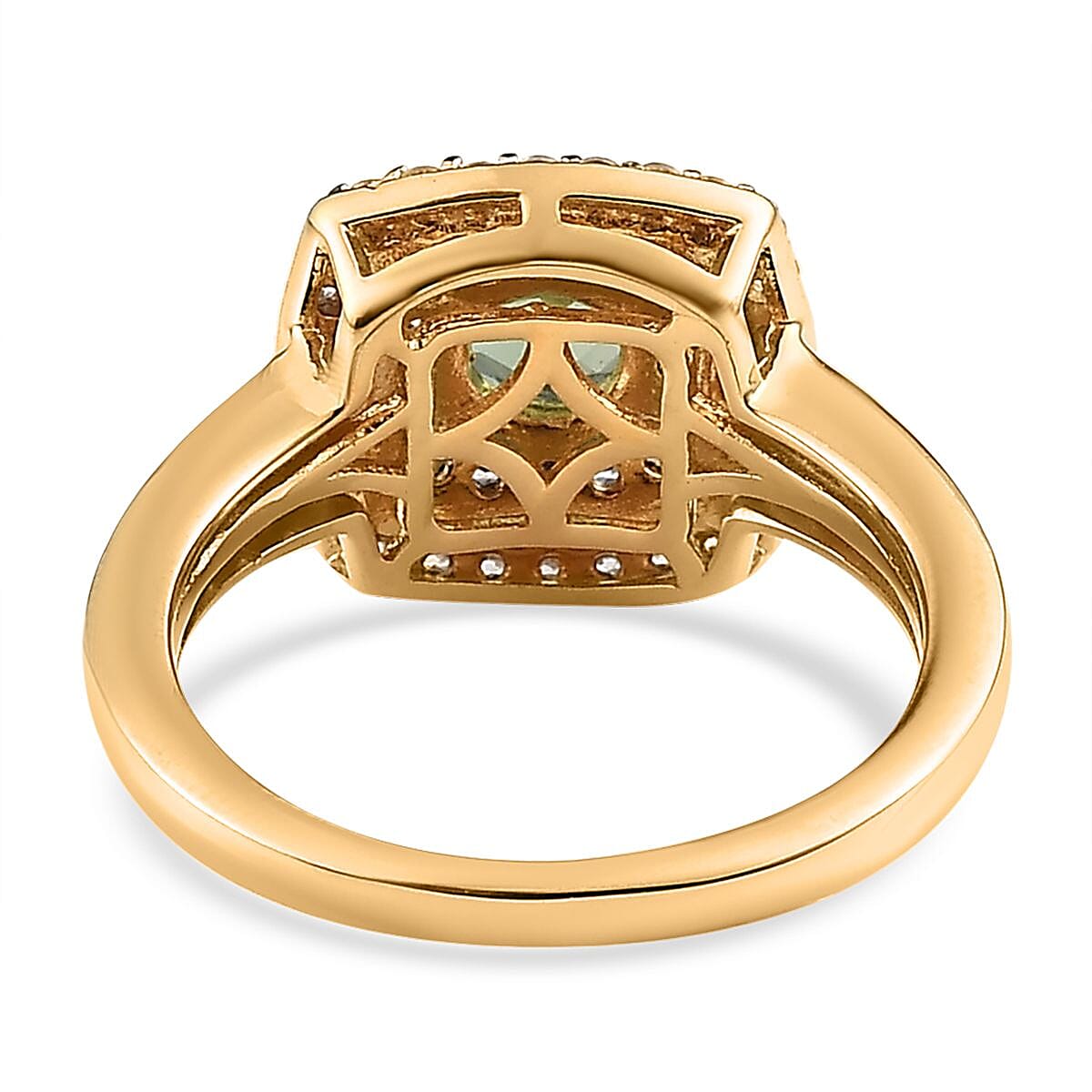 Tanzanian Natural Green Apatite, White and Champagne Zircon Double Halo Ring in Vermeil Yellow Gold Over Sterling Silver 1.20 ctw image number 4