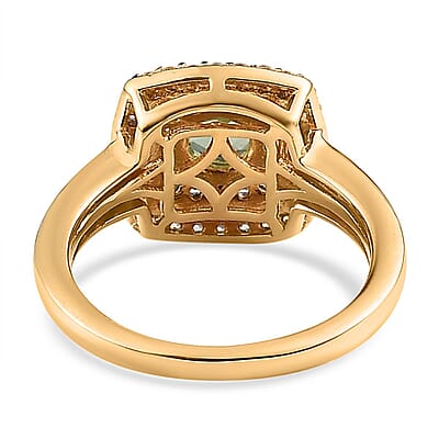Tanzanian Natural Green Apatite, White and Champagne Zircon Double Halo Ring in Vermeil Yellow Gold Over Sterling Silver (Size 10.0) 1.20 ctw