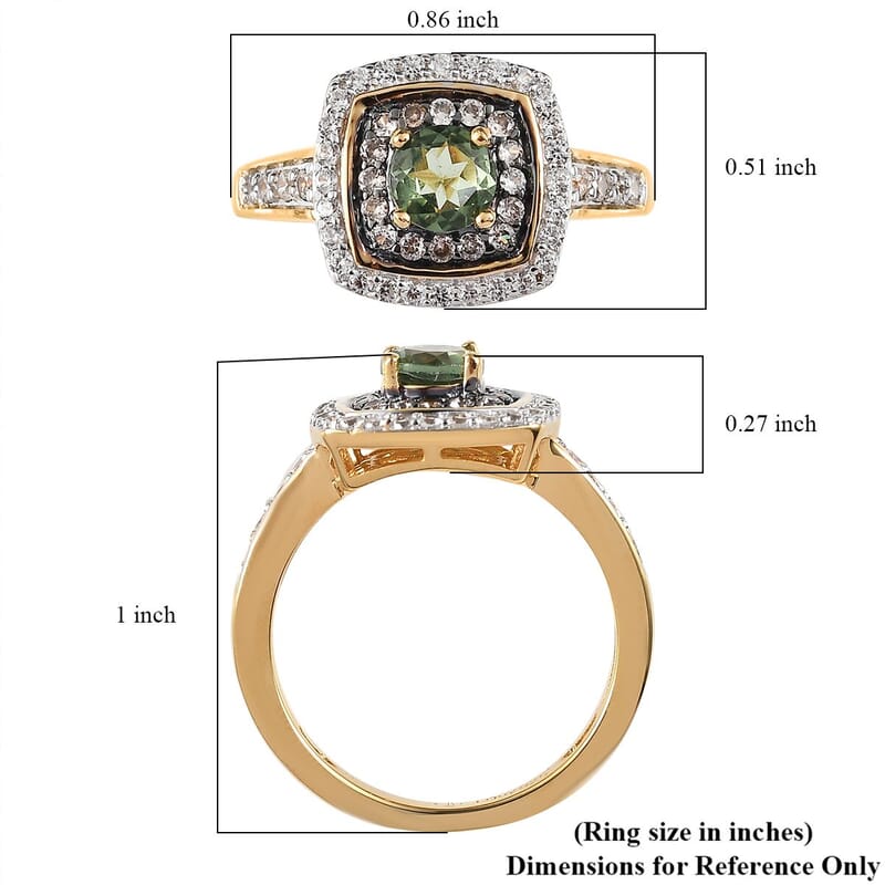 Tanzanian Natural Green Apatite, White and Champagne Zircon Double Halo Ring in Vermeil Yellow Gold Over Sterling Silver (Size 10.0) 1.20 ctw