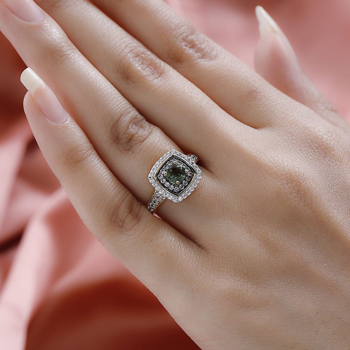 Tanzanian Natural Green Apatite, White and Champagne Zircon Double Halo Ring in Vermeil Yellow Gold Over Sterling Silver (Size 9.0) 1.20 ctw image number 2