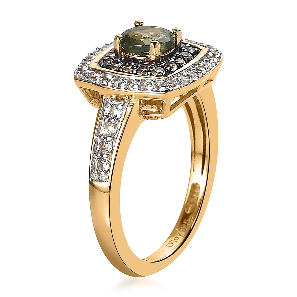 Tanzanian Natural Green Apatite, White and Champagne Zircon Double Halo Ring in Vermeil Yellow Gold Over Sterling Silver (Size 9.0) 1.20 ctw image number 3