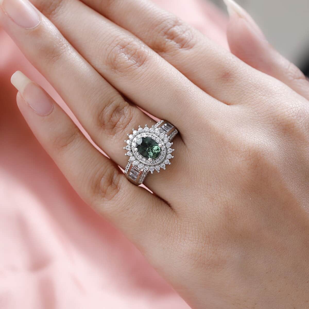 Green Apatite and White Zircon Sunburst Ring in Platinum Over Sterling Silver (Size 10.0) 2.80 ctw image number 1