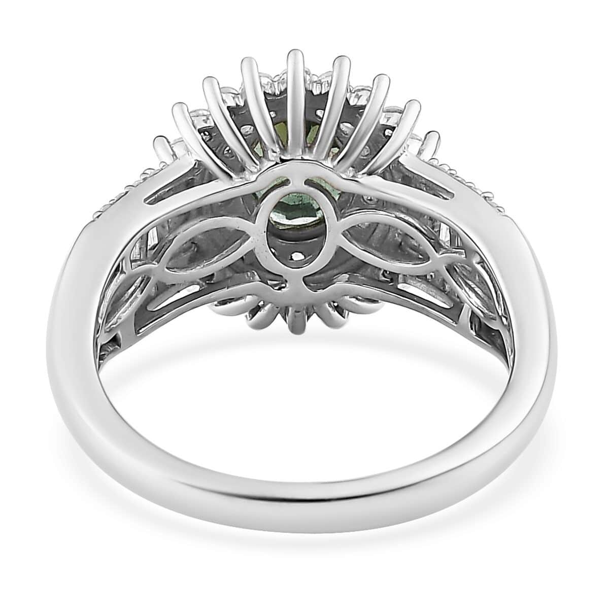 Green Apatite and White Zircon Sunburst Ring in Platinum Over Sterling Silver (Size 10.0) 2.80 ctw image number 3