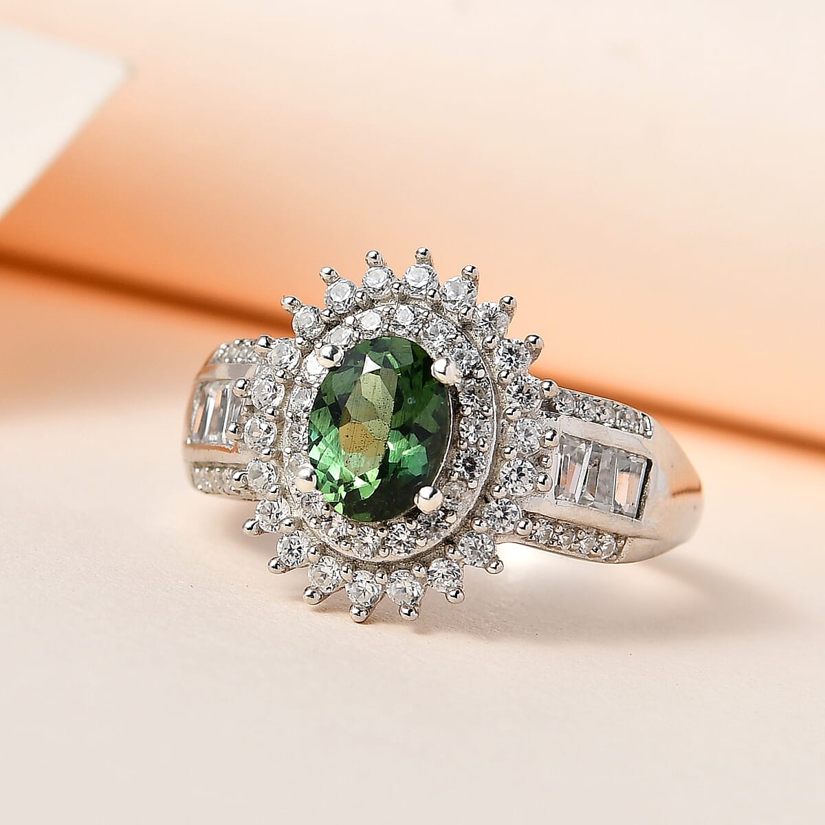 Tanzanian Natural Green Apatite and White Zircon Ring in Platinum Over Sterling Silver (Size 7.0) 2.75 ctw image number 1