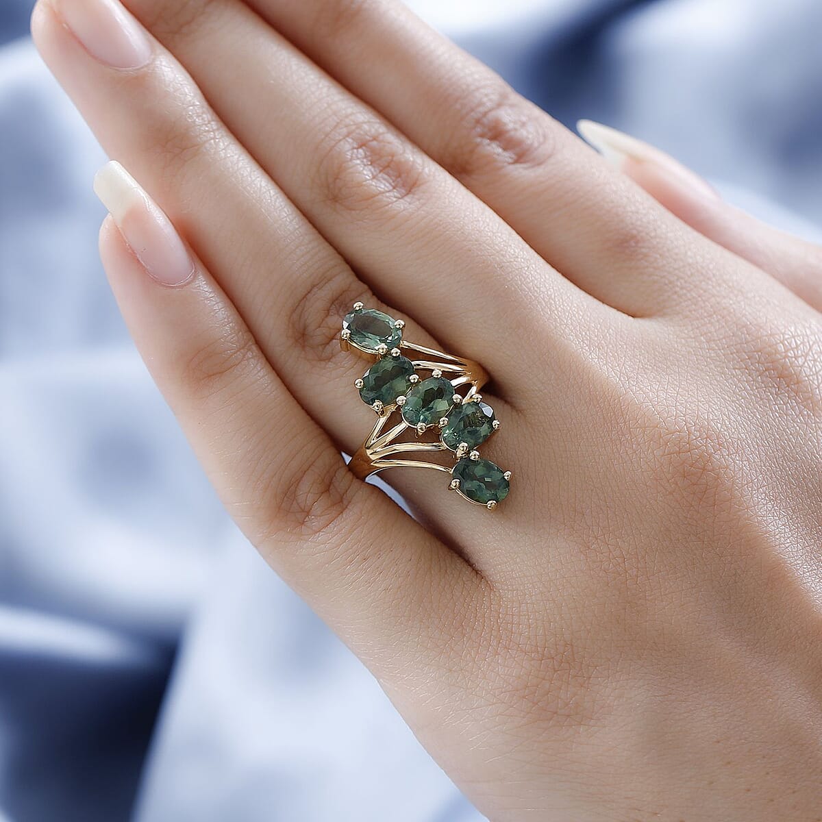 Tanzanian Natural Green Apatite 5 Stone Ring in Vermeil Yellow Gold Over Sterling Silver 3.90 ctw image number 2