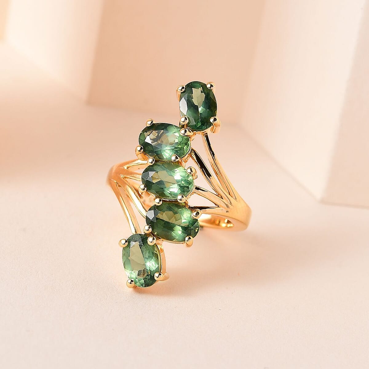 Tanzanian Natural Green Apatite 5 Stone Ring in Vermeil Yellow Gold Over Sterling Silver (Size 7.0) 3.90 ctw image number 1