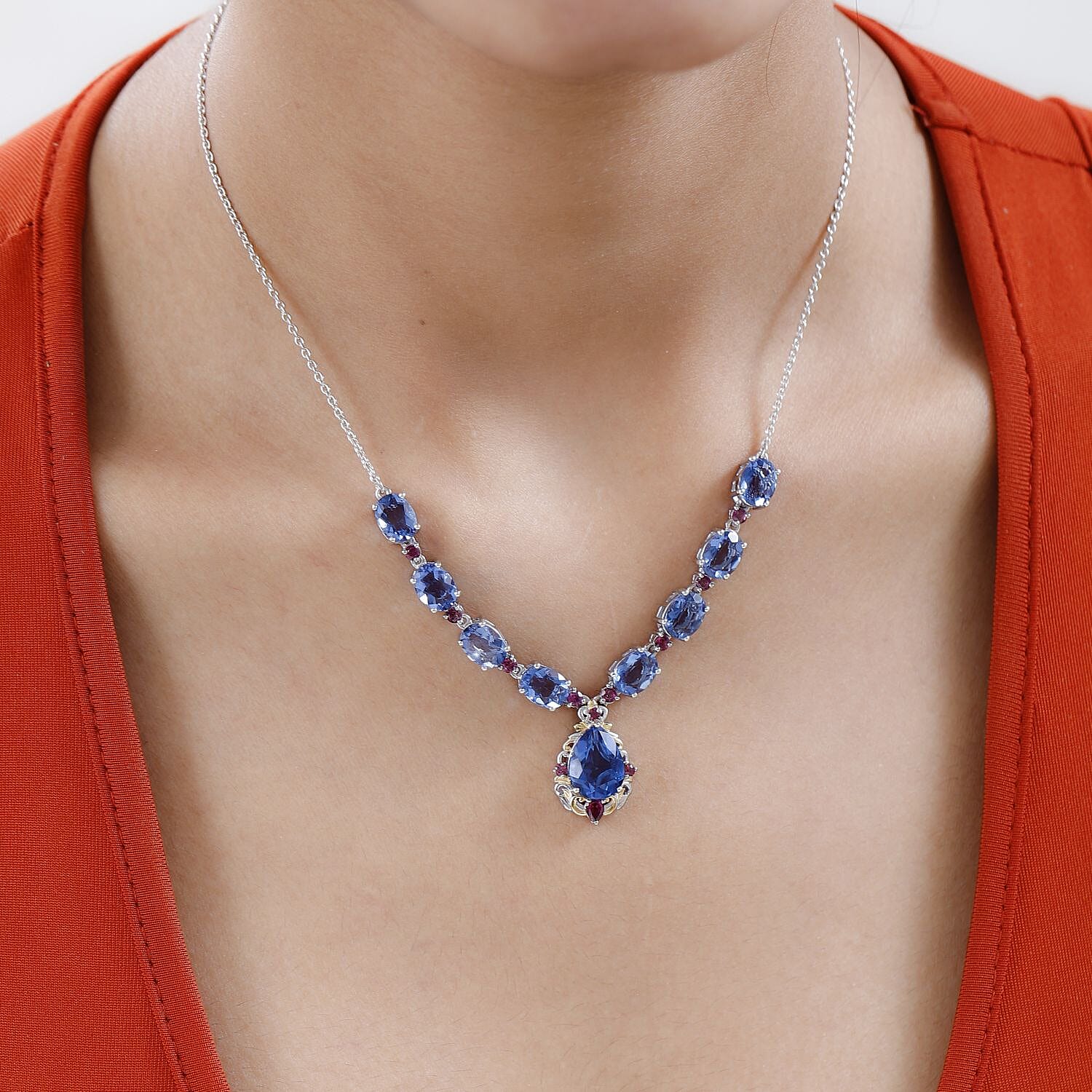 D'Joy Color Change Fluorite (IR) and Orissa Rhodolite Garnet Necklace 18-20 Inches in Vermeil Yellow Gold and Platinum Over Sterling Silver 16.65 ctw