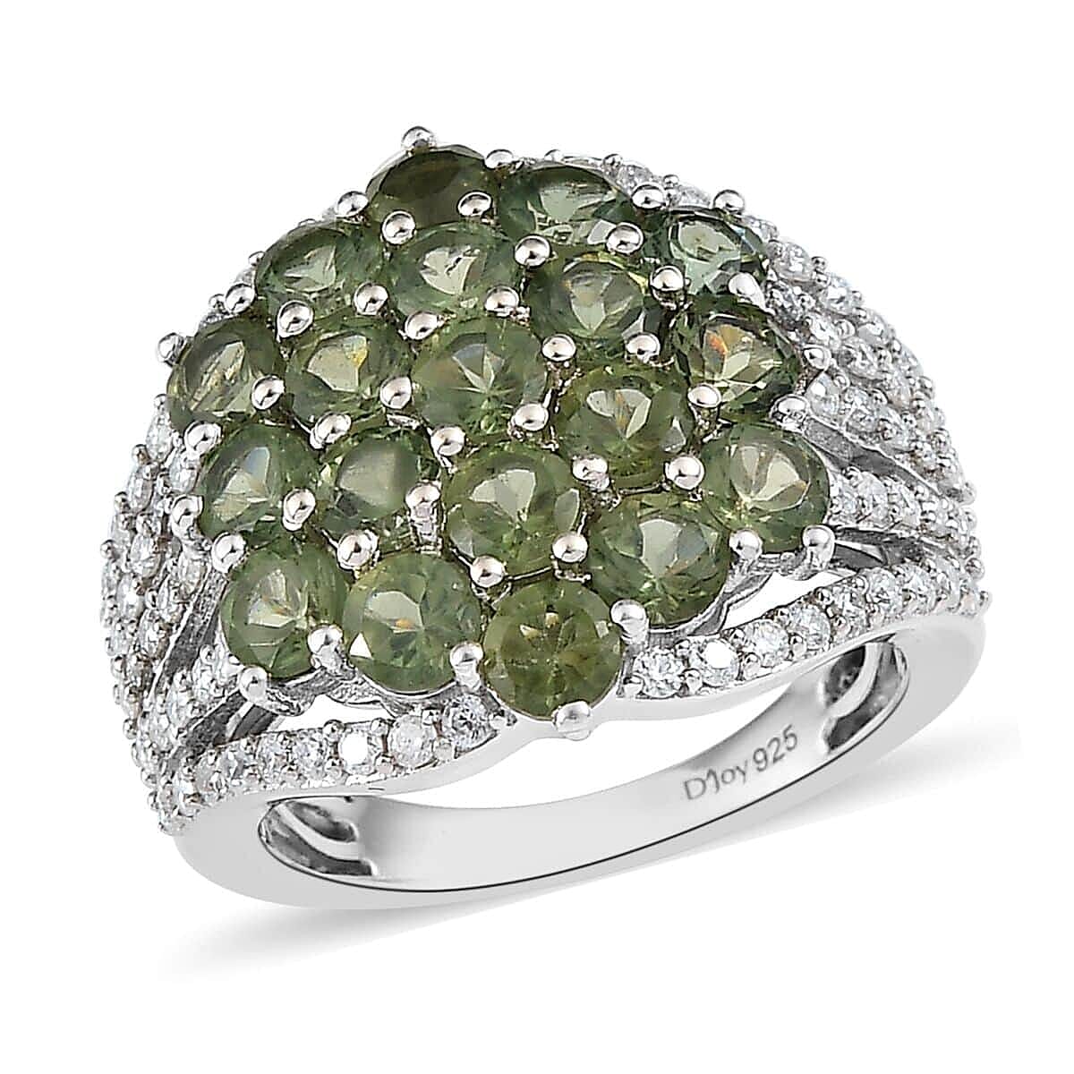 Tanzanian Natural Green Apatite and Moissanite Split Shank Ring in Platinum Over Sterling Silver (Size 5.0) 4.35 ctw