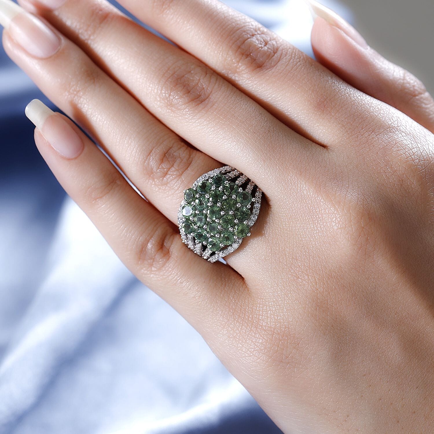 Tanzanian Natural Green Apatite and Moissanite Split Shank Ring in Platinum Over Sterling Silver (Size 5.0) 4.35 ctw