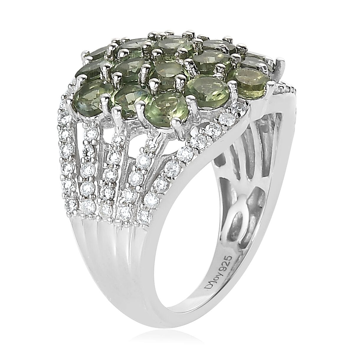 Tanzanian Natural Green Apatite and Moissanite Split Shank Ring in Platinum Over Sterling Silver (Size 5.0) 4.35 ctw