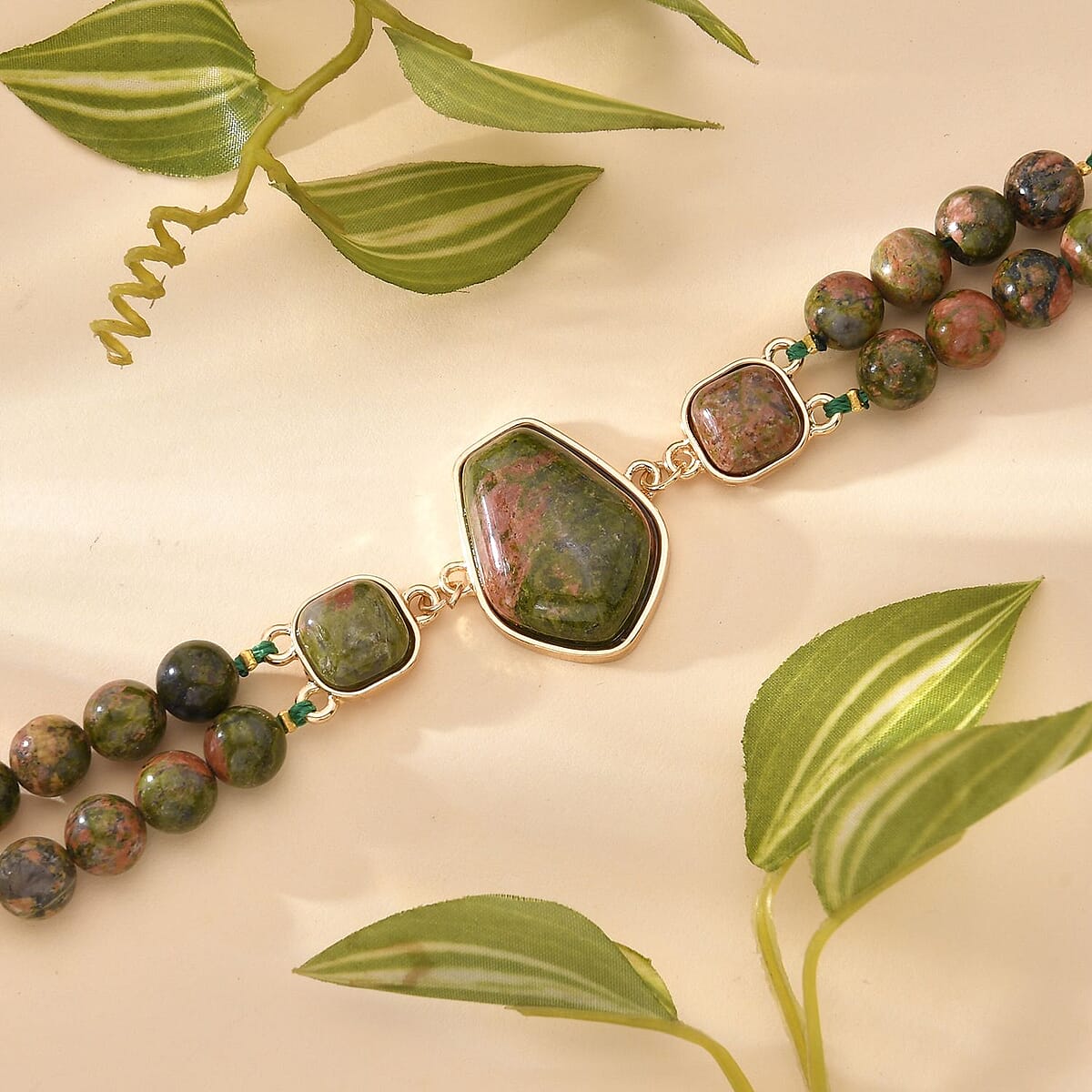 Unakite Two Row Beaded Bracelet in Goldtone (7-9In) 118.00 ctw image number 1