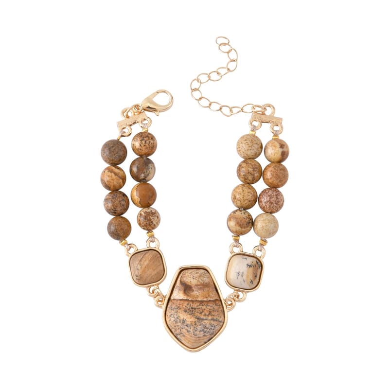 Picture Jasper Two Row Beaded Bracelet in Goldtone (7-9In) 118.00 ctw