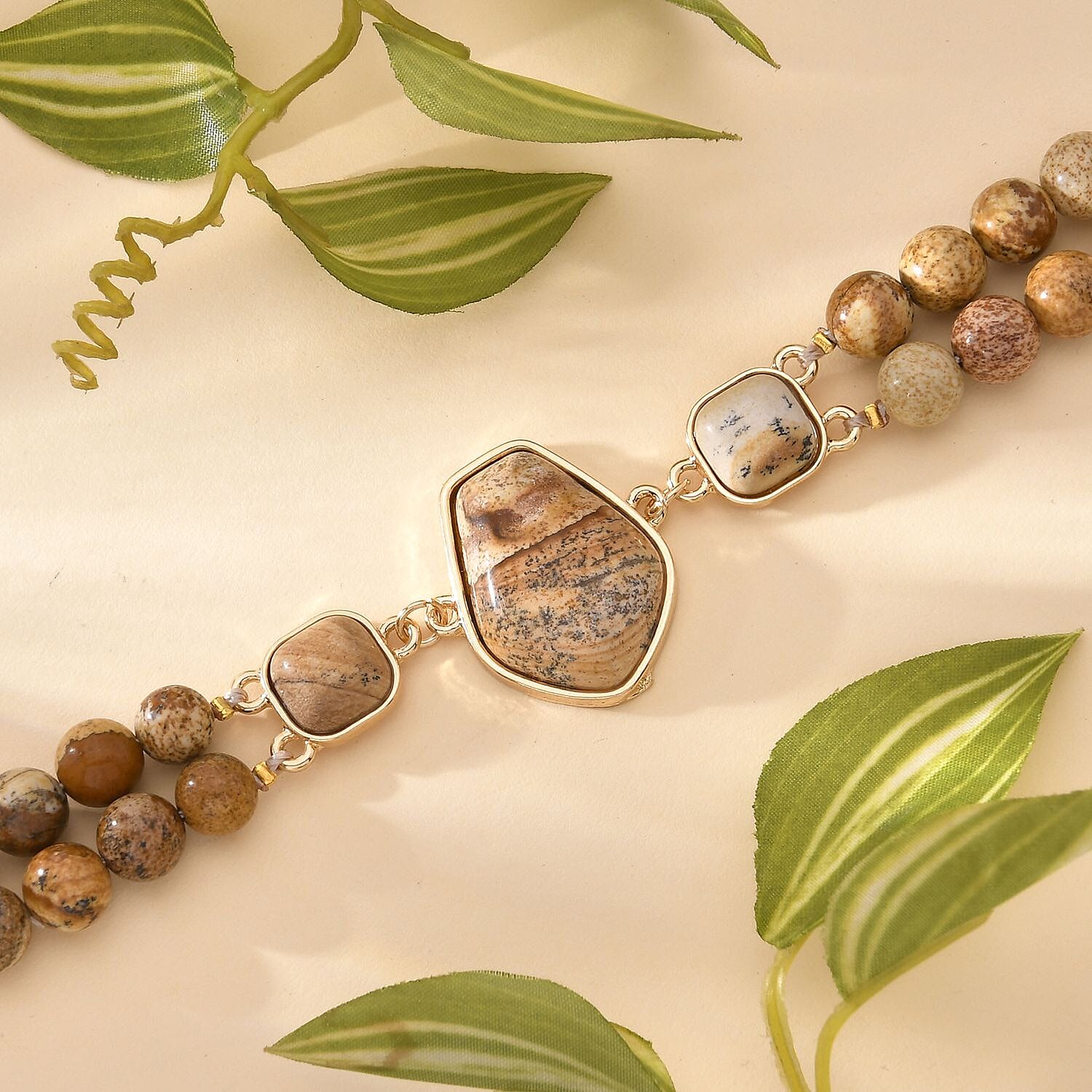 Picture Jasper Two Row Beaded Bracelet in Goldtone (7-9In) 118.00 ctw