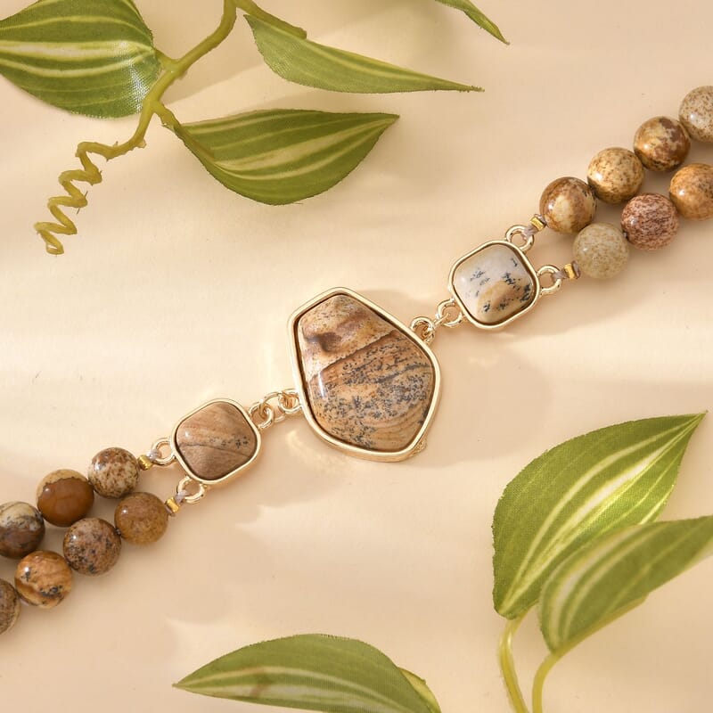 Picture Jasper Two Row Beaded Bracelet in Goldtone (7-9In) 118.00 ctw