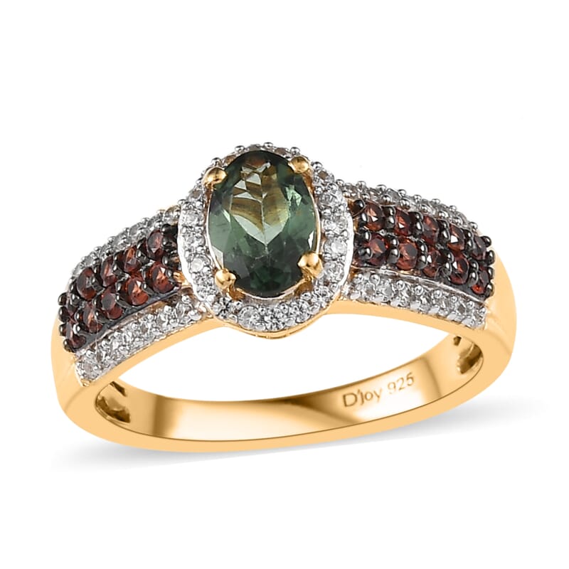 Tanzanian Natural Green Apatite, Brown and White Zircon Halo Ring in Vermeil Yellow Gold Over Sterling Silver (Size 10.0) 1.60 ctw