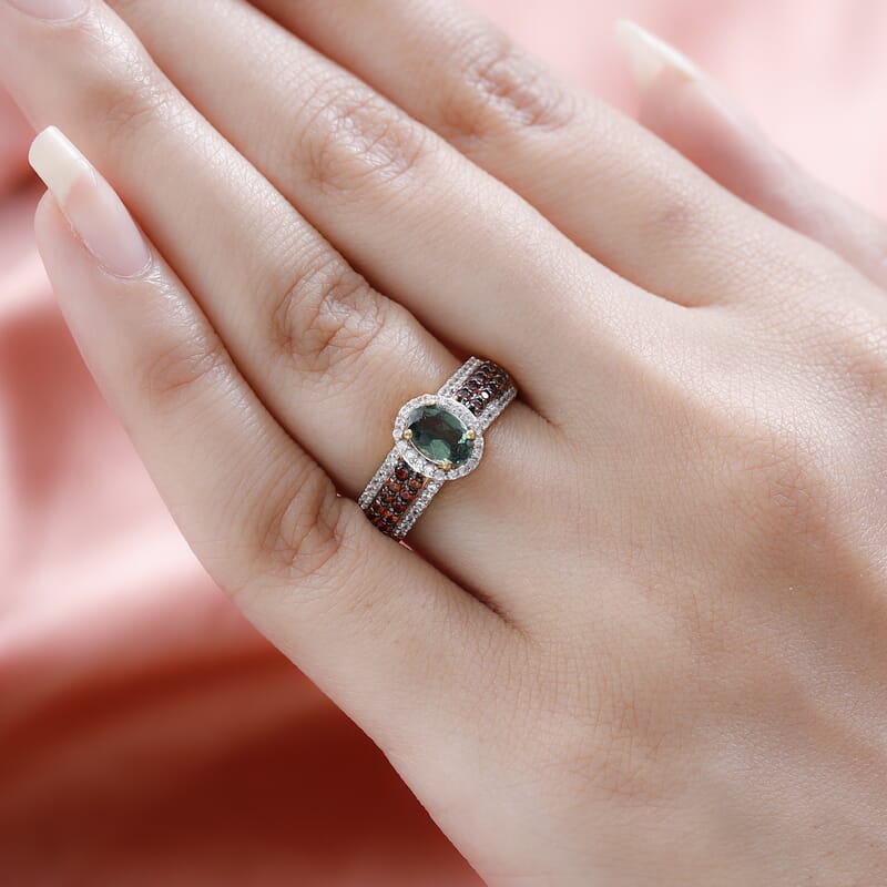 Tanzanian Natural Green Apatite, Brown and White Zircon Halo Ring in Vermeil Yellow Gold Over Sterling Silver (Size 10.0) 1.60 ctw