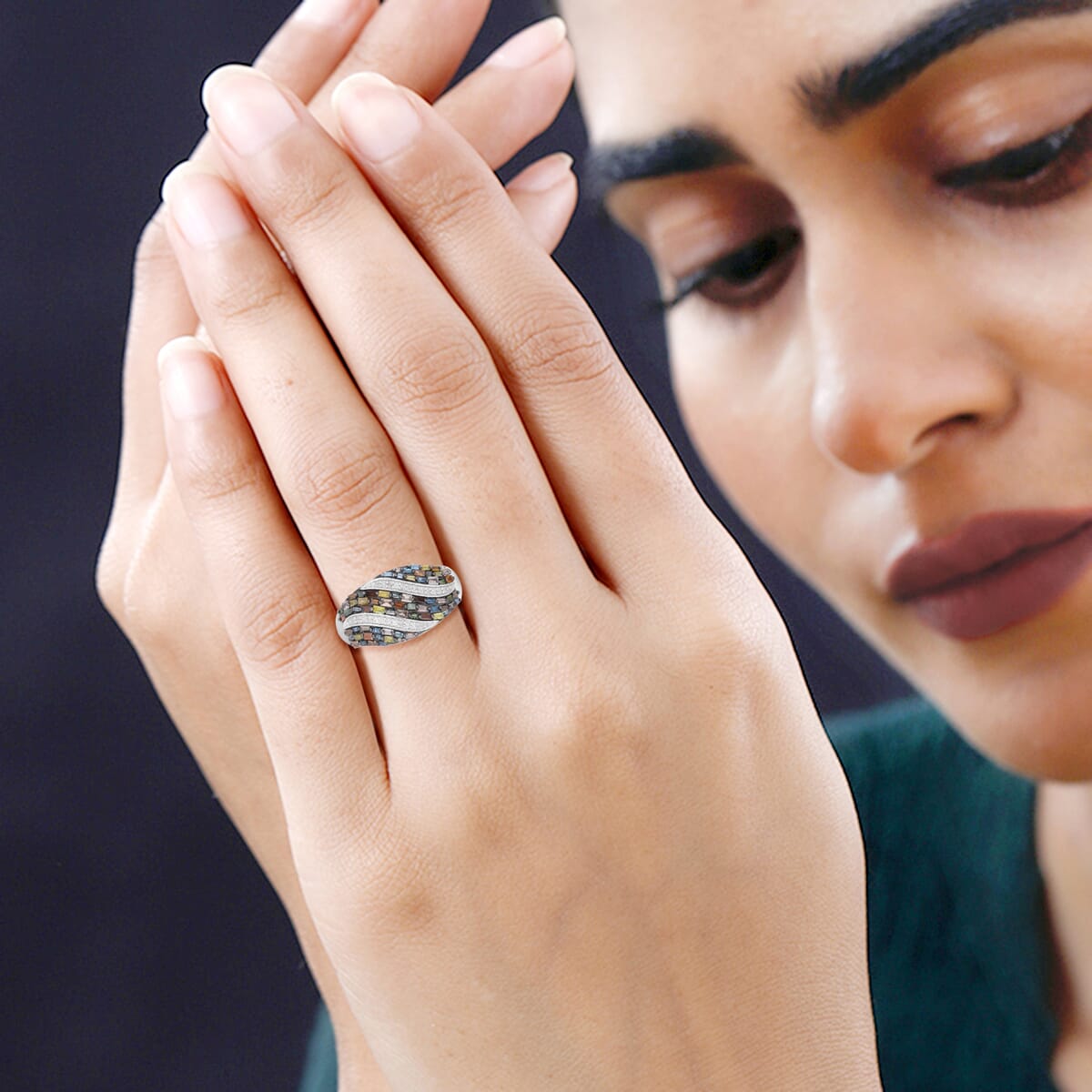 Multi Diamond 1.00 ctw Ring in Platinum Over Sterling Silver (Size 10.0)  image number 2