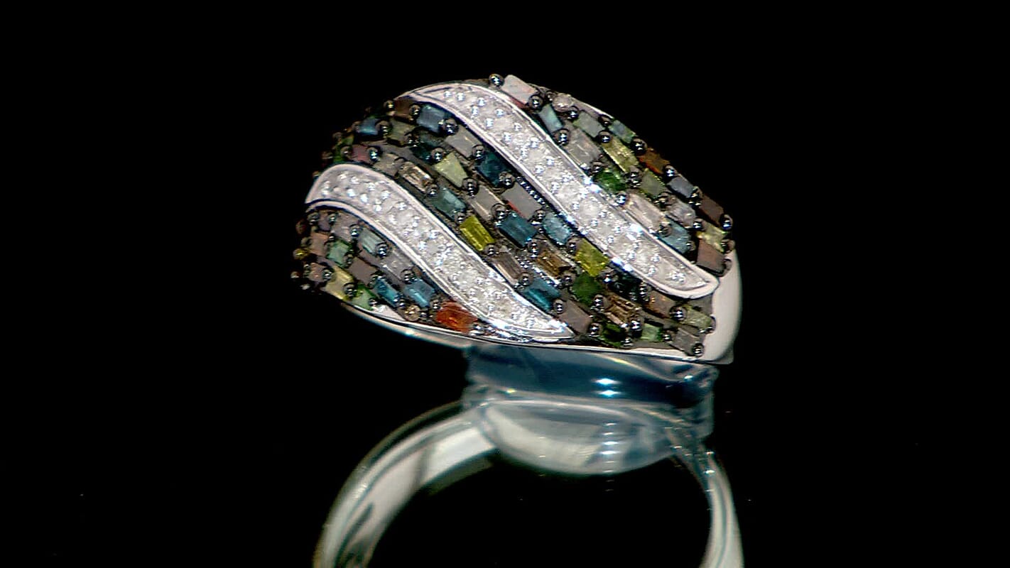 Multi Diamond (Natural & IR) Ring in Platinum Over Sterling Silver (Size 10.0) 1.00 ctw