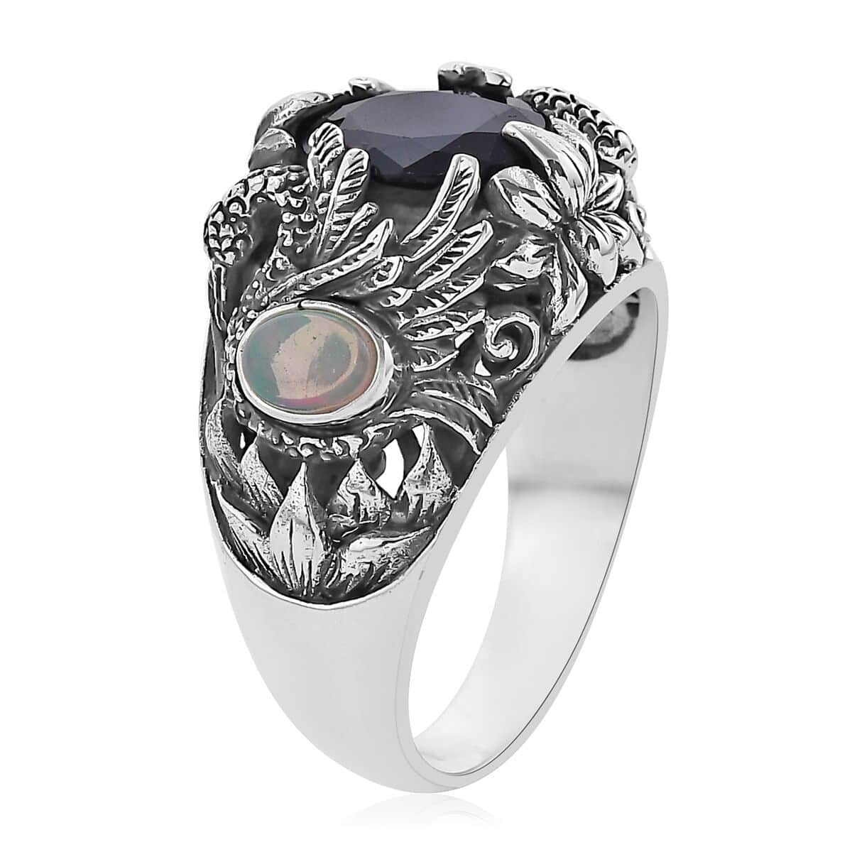 Bali Legacy Madagascar Blue Sapphire (DF) and Ethiopian Welo Opal Swan Ring in Sterling Silver 3.70 ctw image number 3