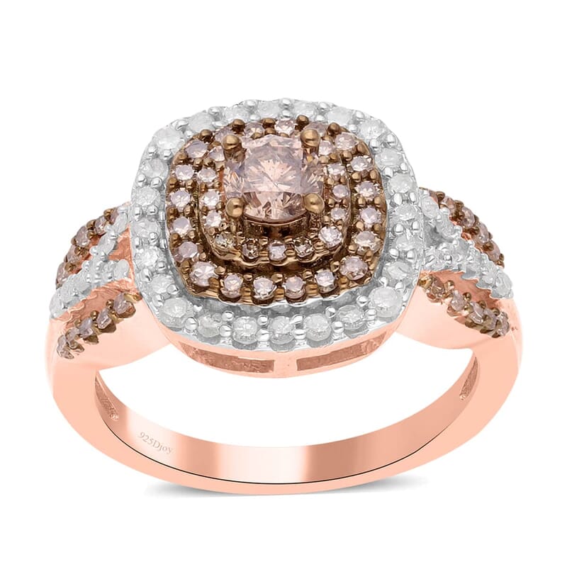 Natural Champagne and White Diamond Ring in Vermeil Rose Gold Over Sterling Silver (Size 7.0) 1.00 ctw