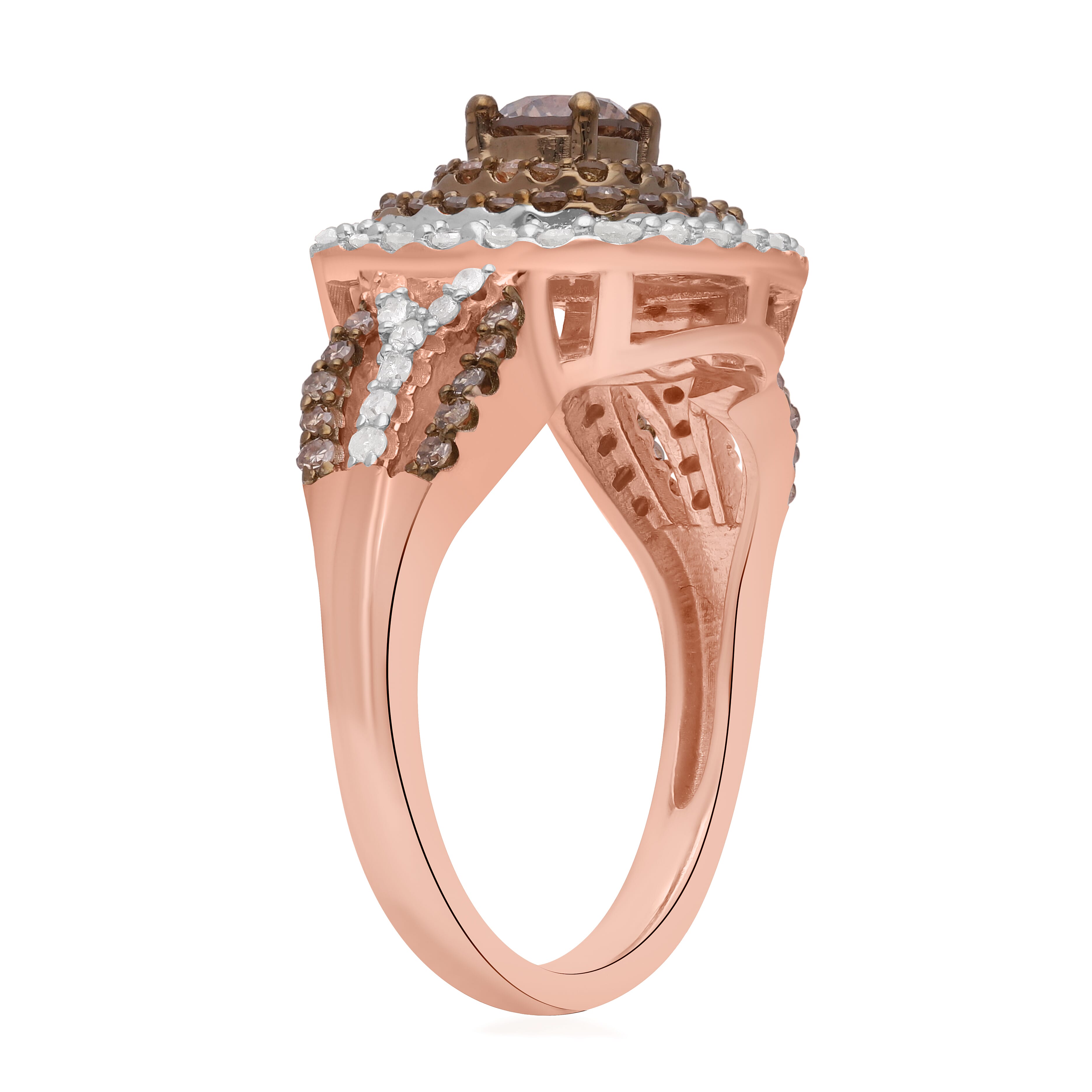 Natural Champagne and White Diamond Ring in Vermeil Rose Gold Over Sterling Silver (Size 7.0) 1.00 ctw