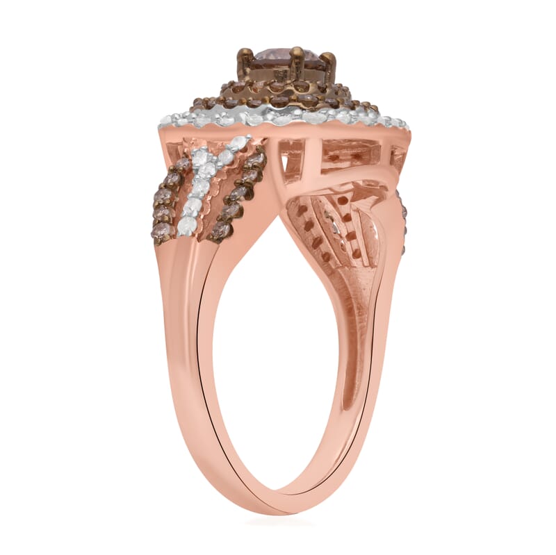 Natural Champagne and White Diamond Ring in Vermeil Rose Gold Over Sterling Silver (Size 7.0) 1.00 ctw