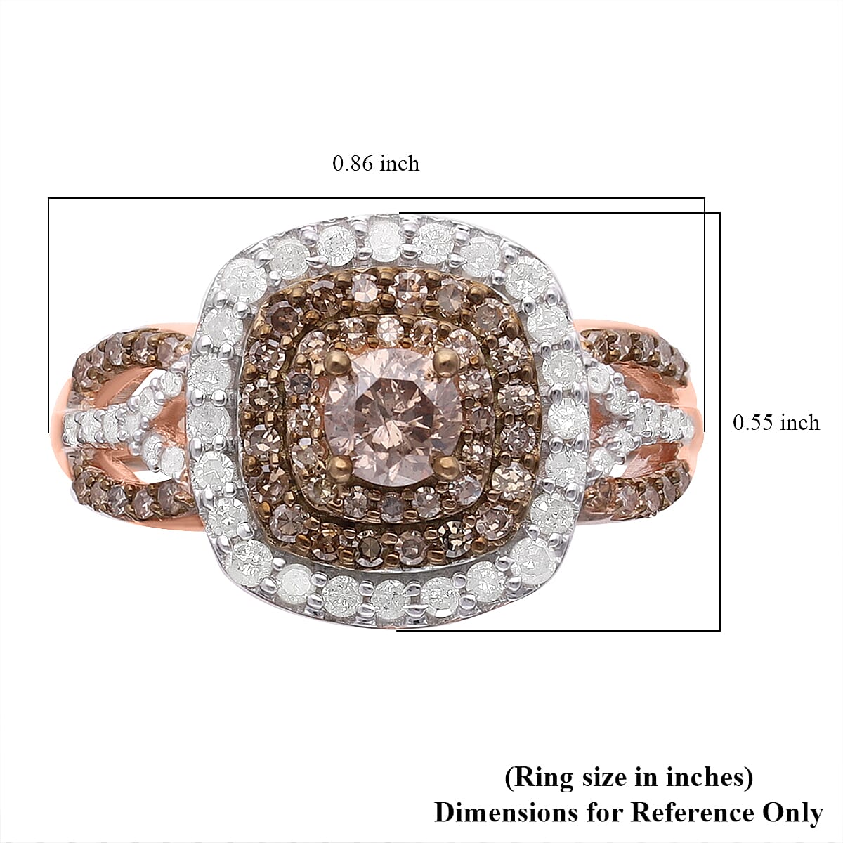 Natural Champagne and White Diamond Ring in Vermeil Rose Gold Over Sterling Silver (Size 7.0) 1.00 ctw