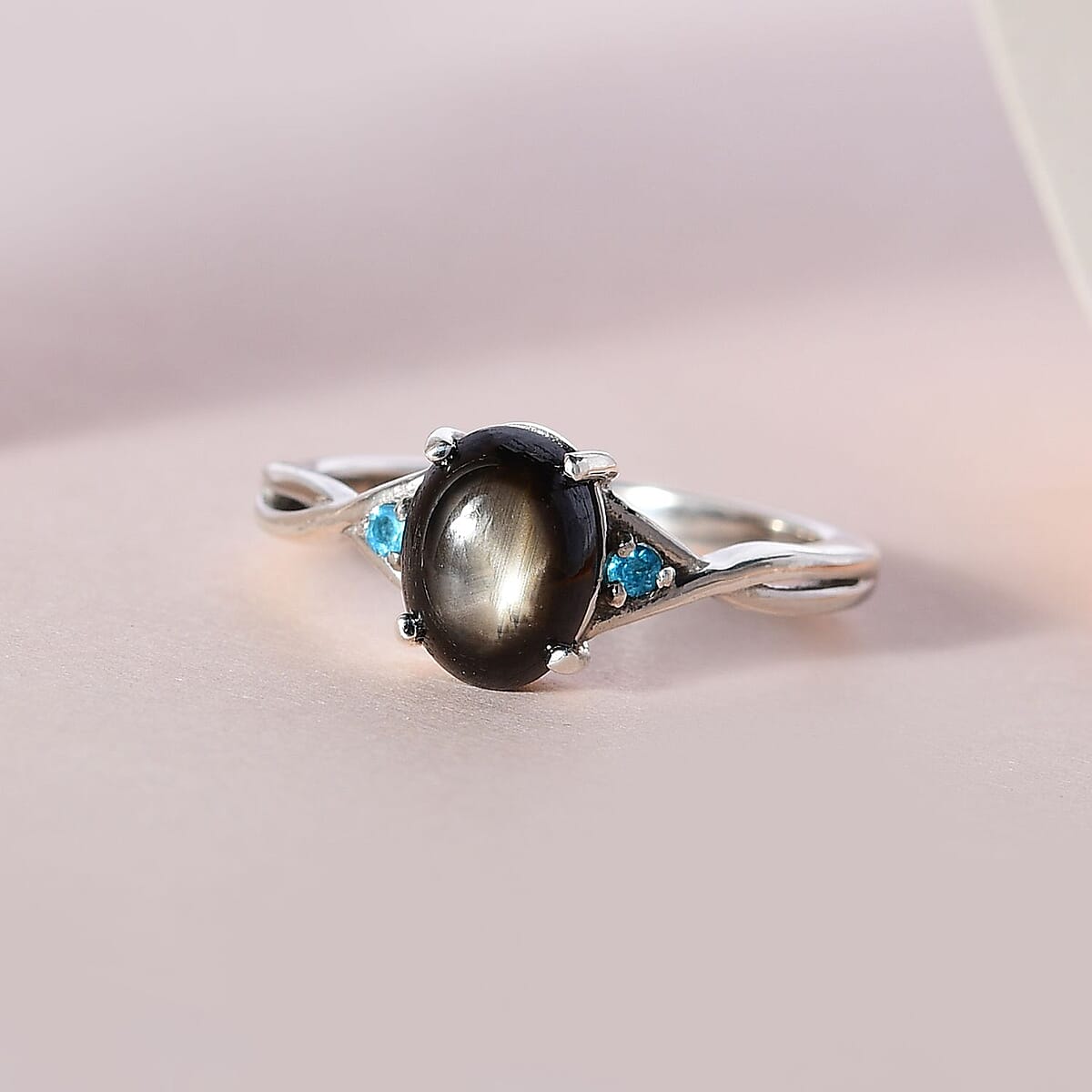 Bankacha Natural Black Star Sapphire and Malgache Neon Apatite Ring in Platinum Over Sterling Silver 2.15 ctw image number 1