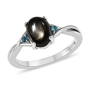 Bankacha Natural Black Star Sapphire and Malgache Neon Apatite Ring in Platinum Over Sterling Silver (Size 7.0) 2.15 ctw