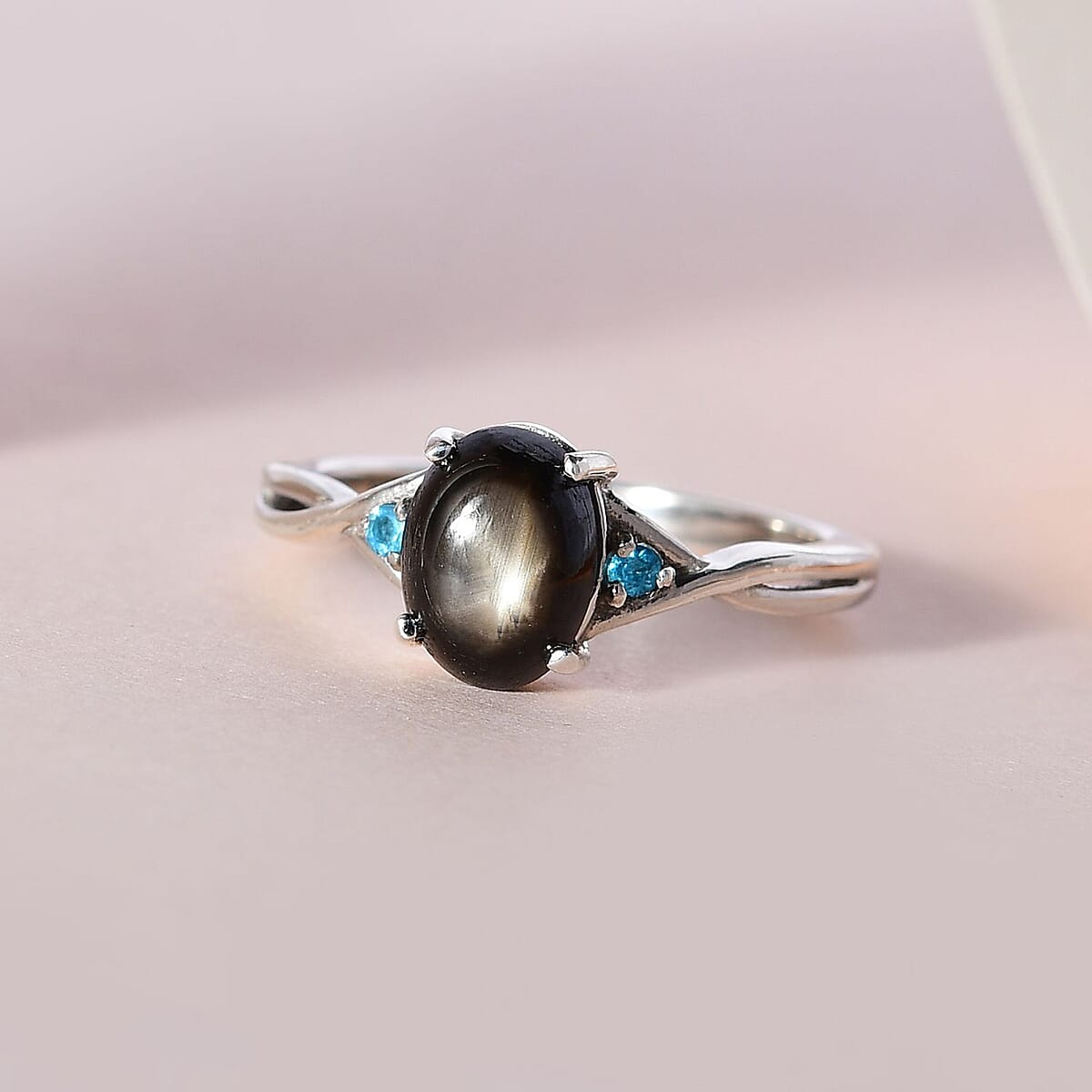 Bankacha Natural Black Star Sapphire and Malgache Neon Apatite Ring in Platinum Over Sterling Silver (Size 7.0) 2.15 ctw image number 1