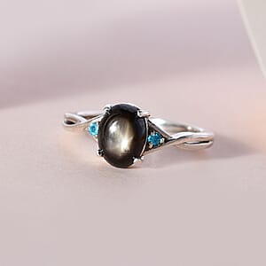 Bankacha Natural Black Star Sapphire and Malgache Neon Apatite Ring in Platinum Over Sterling Silver (Size 7.0) 2.15 ctw