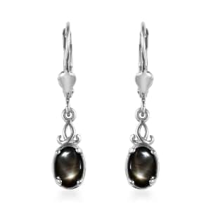 Bankacha Natural Black Star Sapphire Lever Back Earrings in Platinum Over Sterling Silver 2.50 ctw